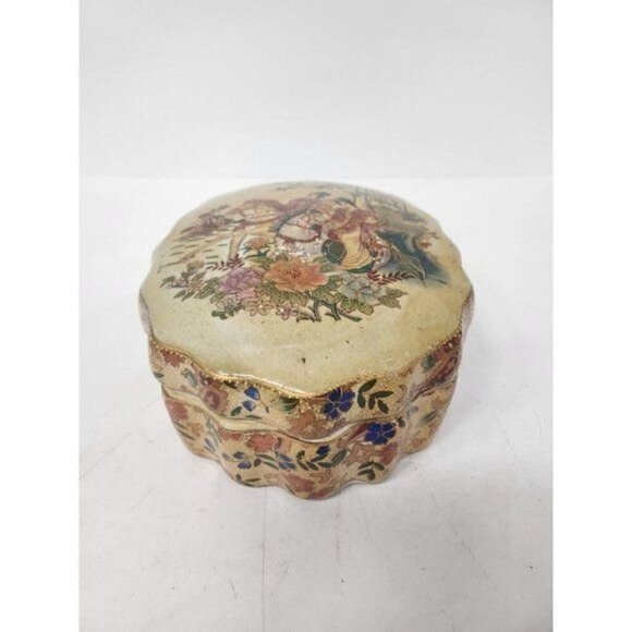 ANTIQUE Royal Satsuma Asian Jewelry Box Porcelain Gold Embossed Floral Ornate - Picture 3 of 12